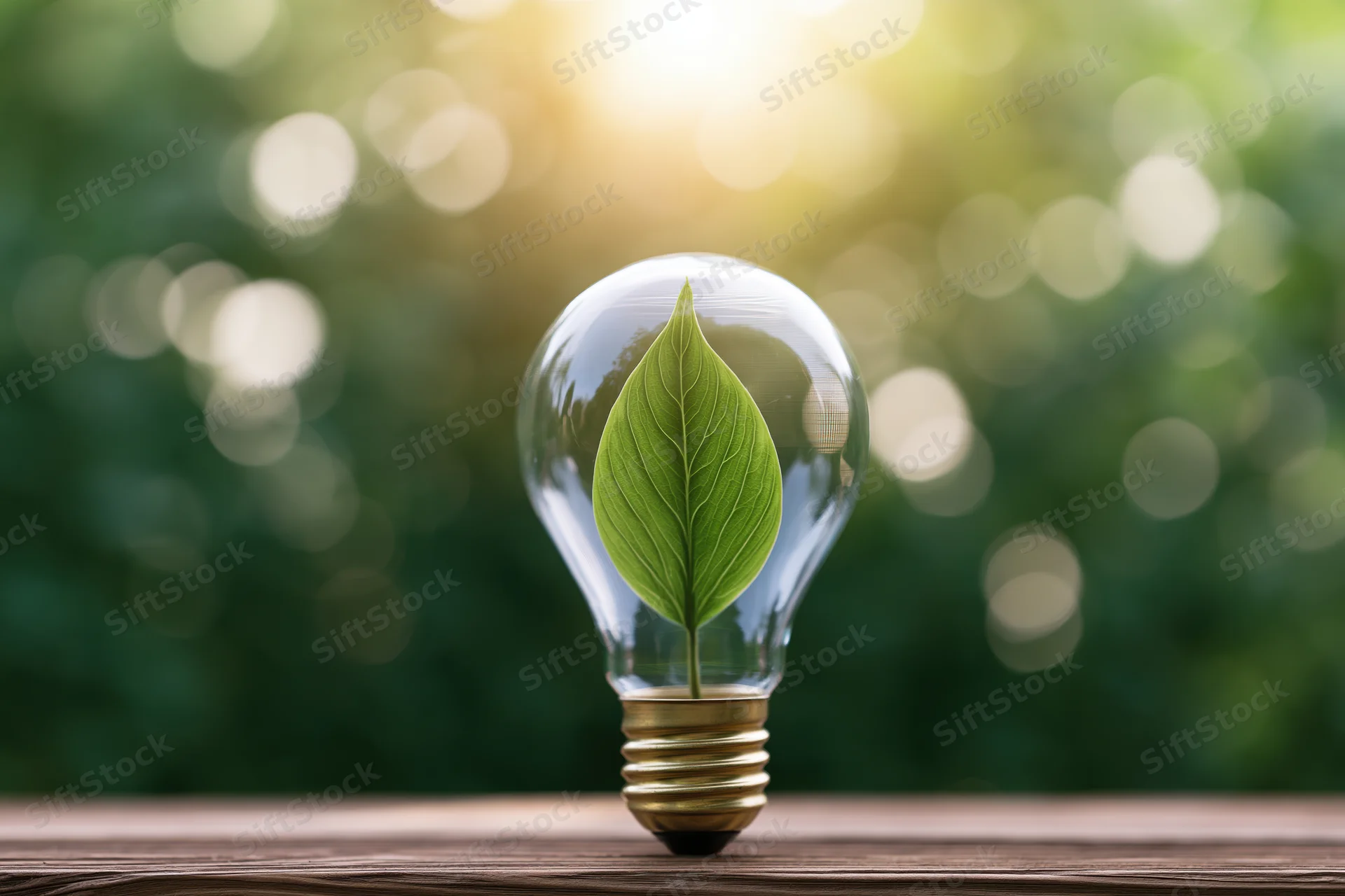 Clear glass lightbulb containing a green leaf resting on a wooden surface with blurred natural background