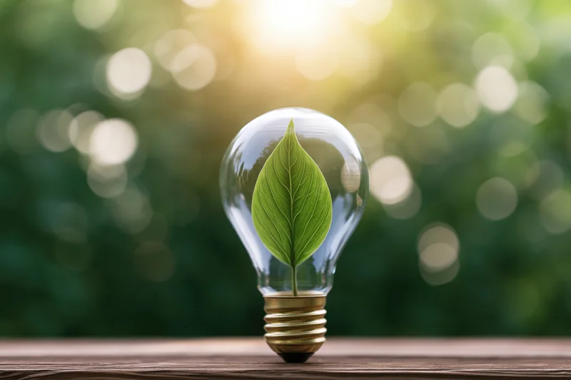 Clear glass lightbulb containing a green leaf resting on a wooden surface with blurred natural background