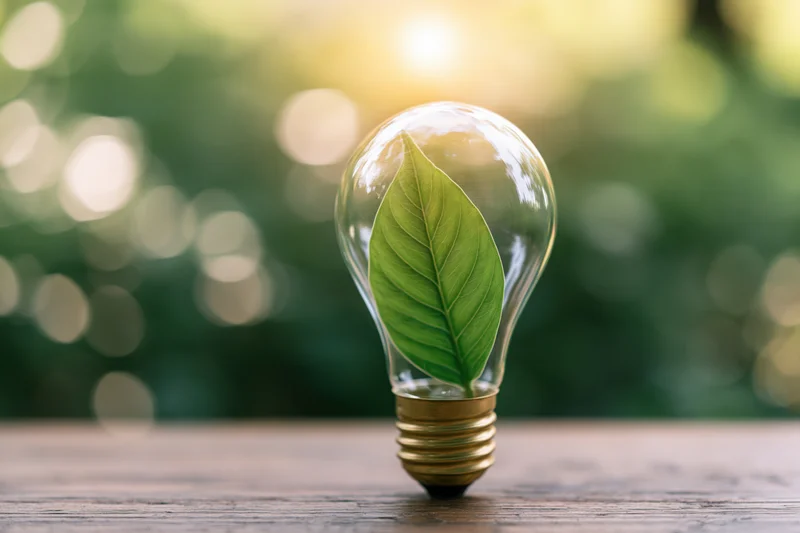 Clear glass lightbulb containing a green leaf resting on a wooden surface with blurred natural background