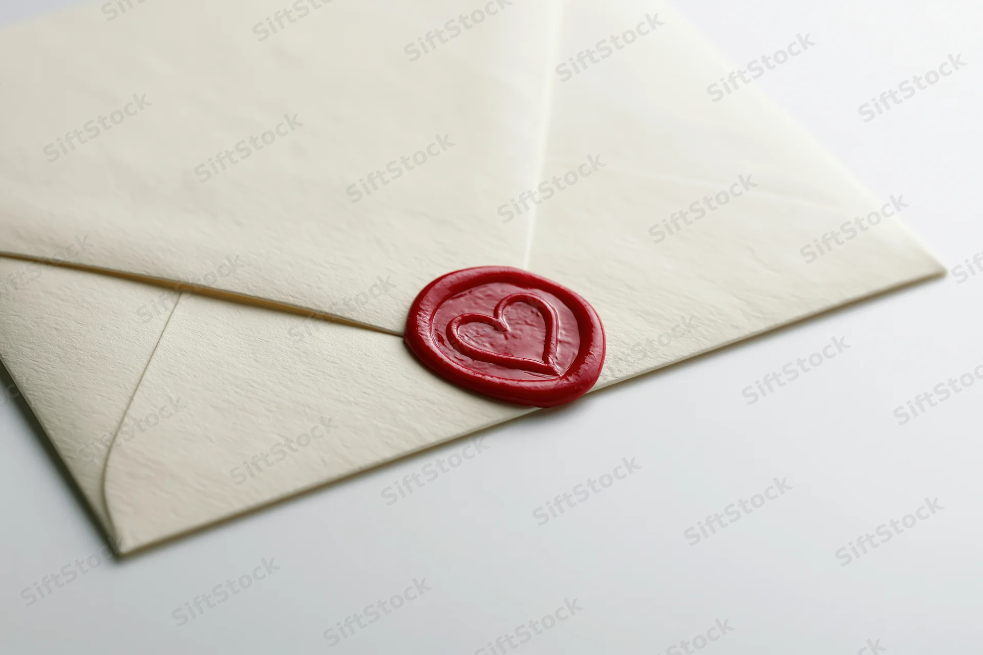 Cream paper envelope sealed with red wax heart stamp on white surface