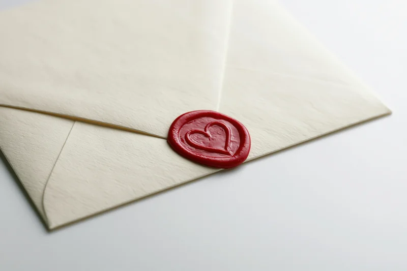 Cream paper envelope sealed with red wax heart stamp on white surface