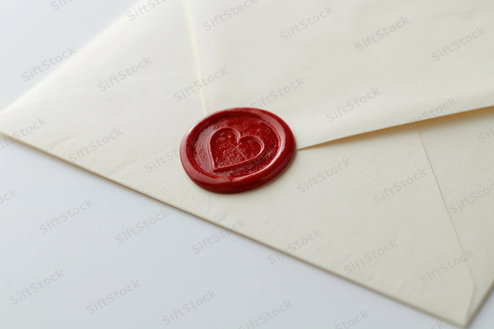 Cream envelope sealed with red wax heart stamp on white surface