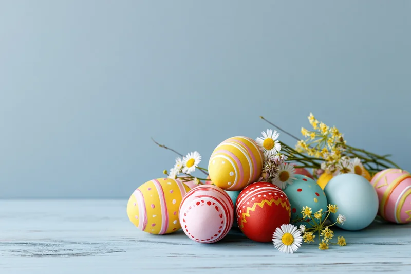 Decorated easter eggs with wildflowers arranged on a light blue wooden surface