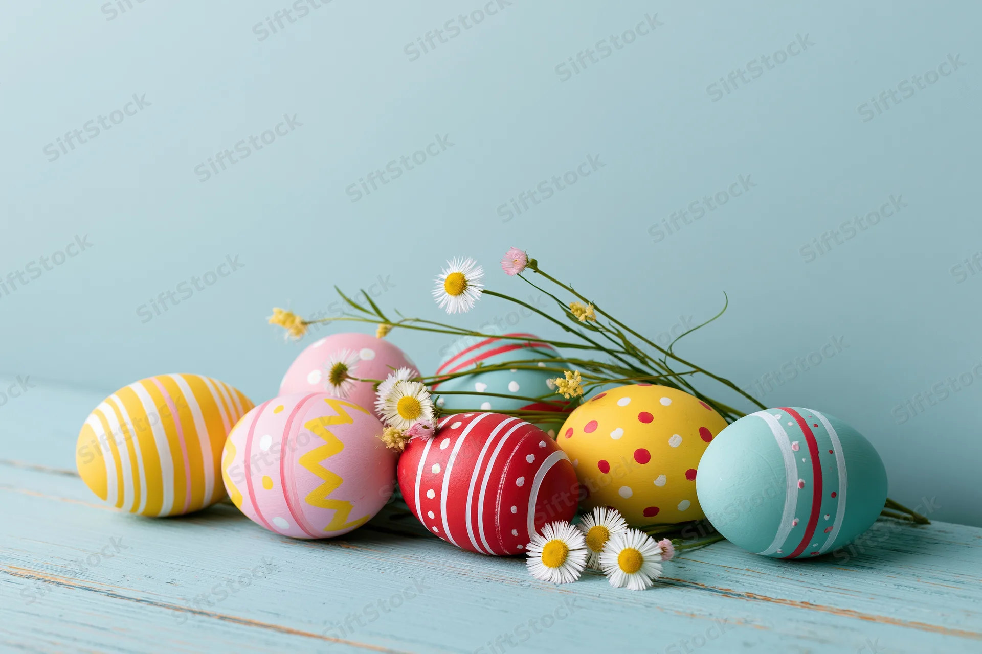 Decorated easter eggs with daisies on a blue wooden table