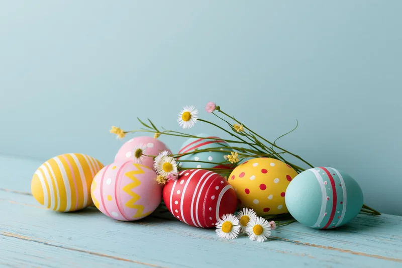 Decorated easter eggs with daisies on a blue wooden table