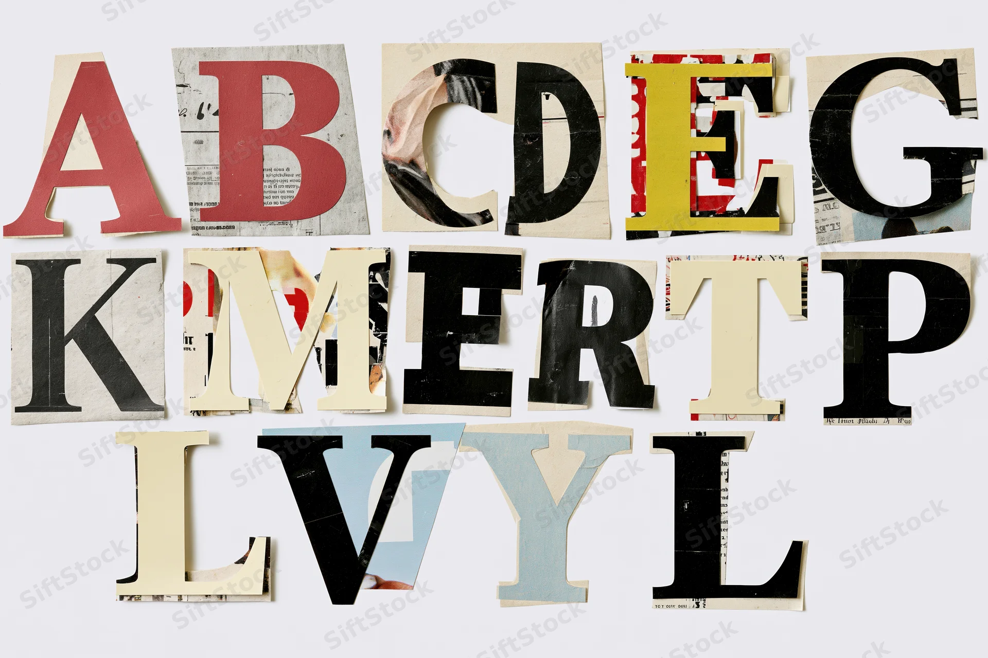 Cut-out alphabet letters arranged in rows on a white background