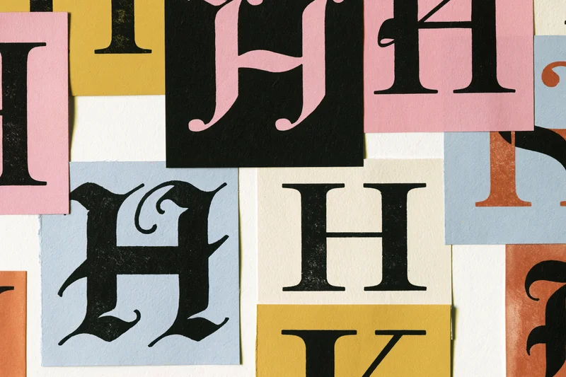 Collage of cut-out letter h specimens in various typefaces arranged on colored paper