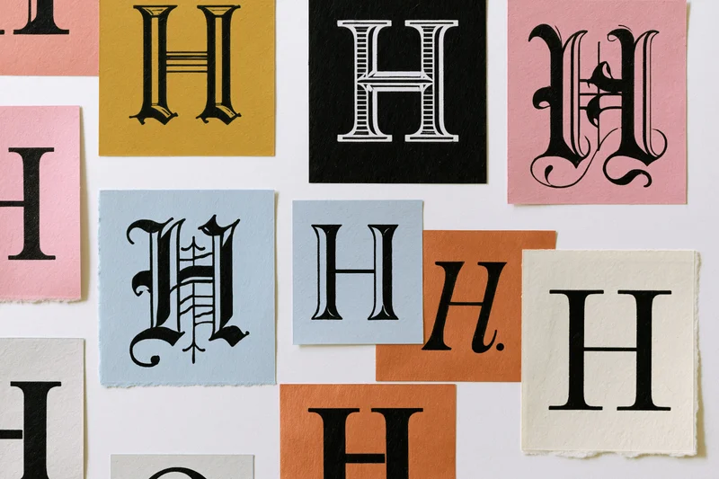 Collage of cut-out letter h specimens in various typefaces on colored paper