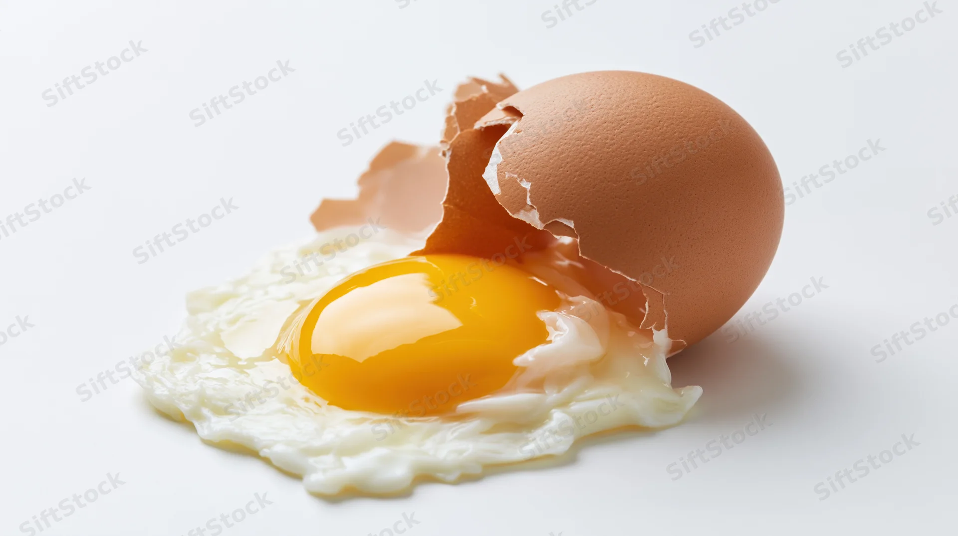 Cracked brown chicken egg with raw yolk and white on white background