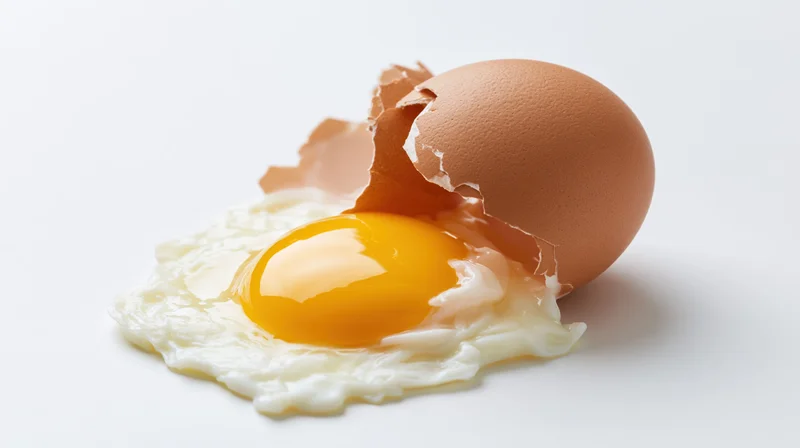 Cracked brown chicken egg with raw yolk and white on white background