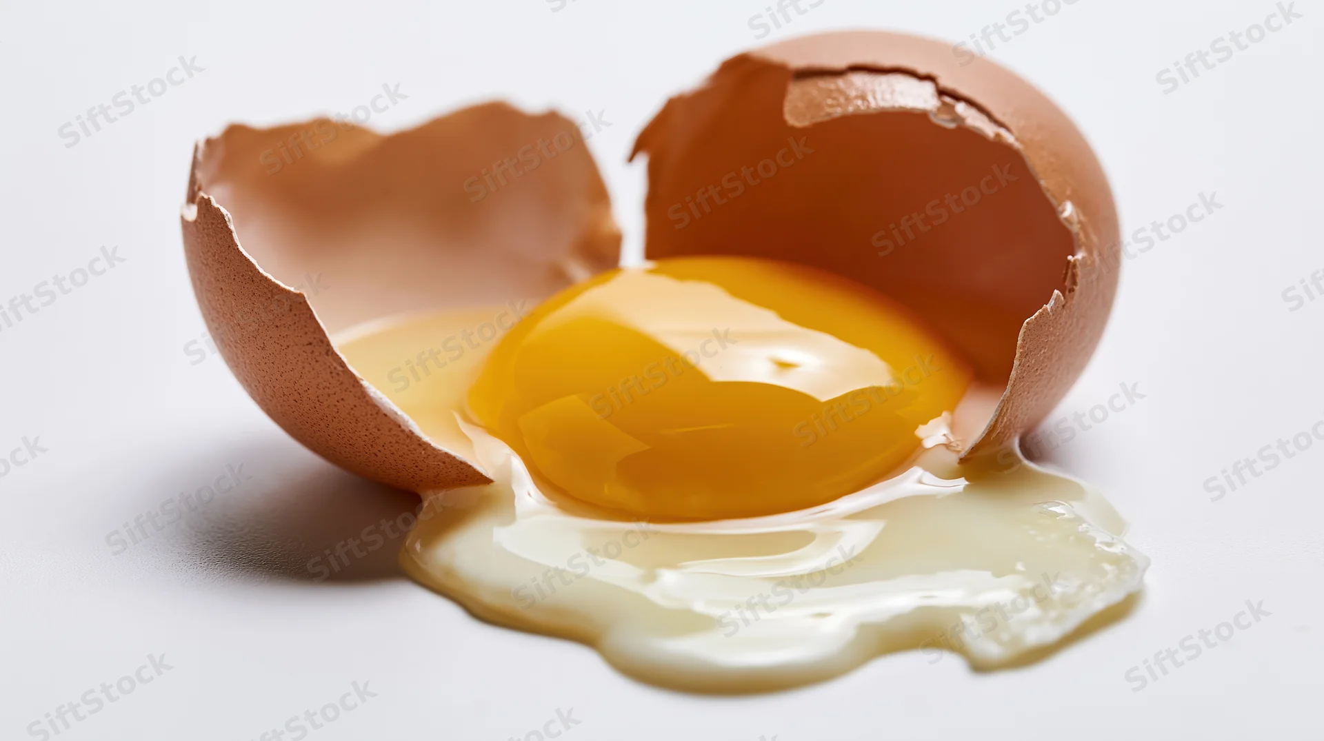 Cracked brown egg with raw yolk and white spilling out on white surface
