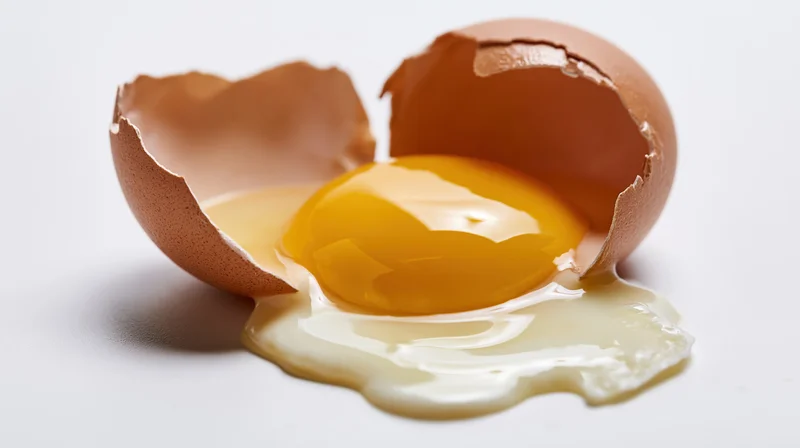 Cracked brown egg with raw yolk and white spilling out on white surface
