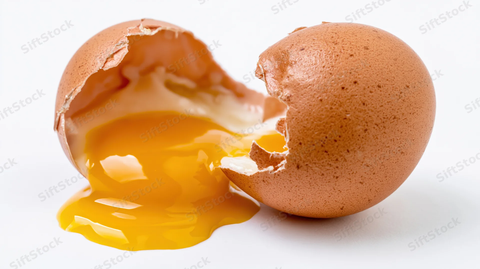 Cracked brown egg split in two halves with yolk spilling out on white background