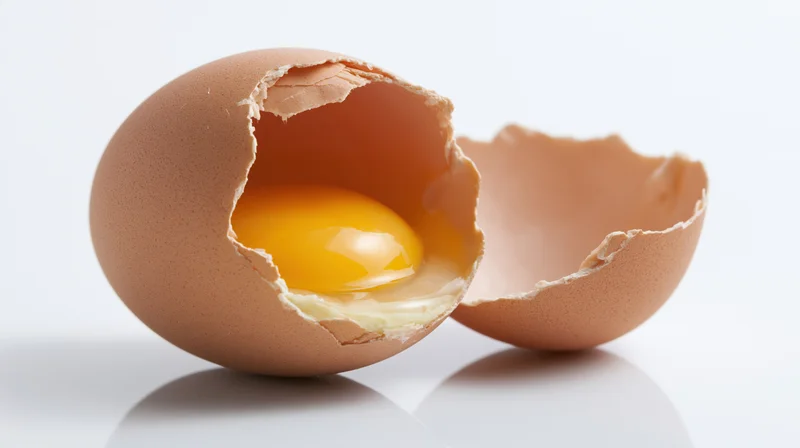 Cracked brown egg split into two shell halves revealing yolk and white on white surface