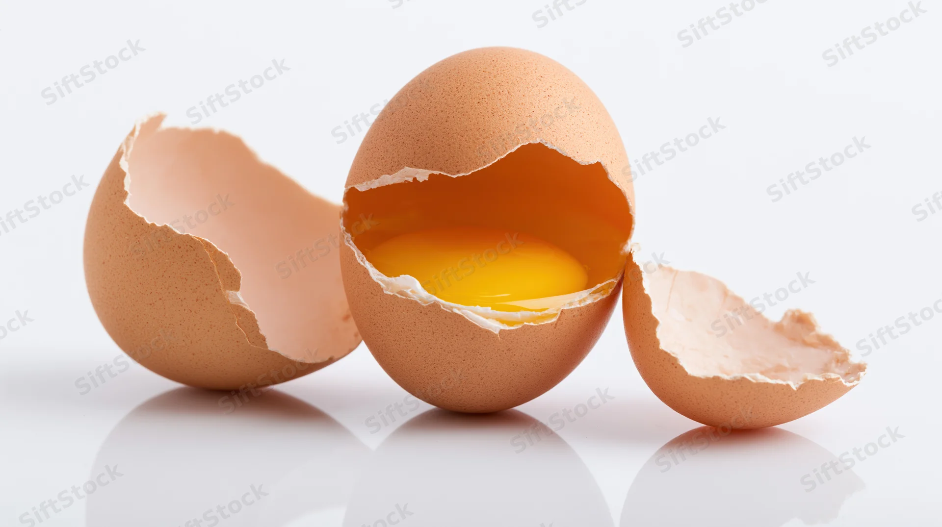 Cracked brown egg with yolk exposed on white surface, shell halves beside it