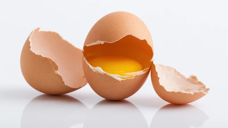 Cracked brown egg with yolk exposed on white surface, shell halves beside it