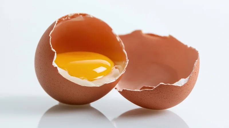 Cracked brown egg split into two shell halves with visible yolk on white surface