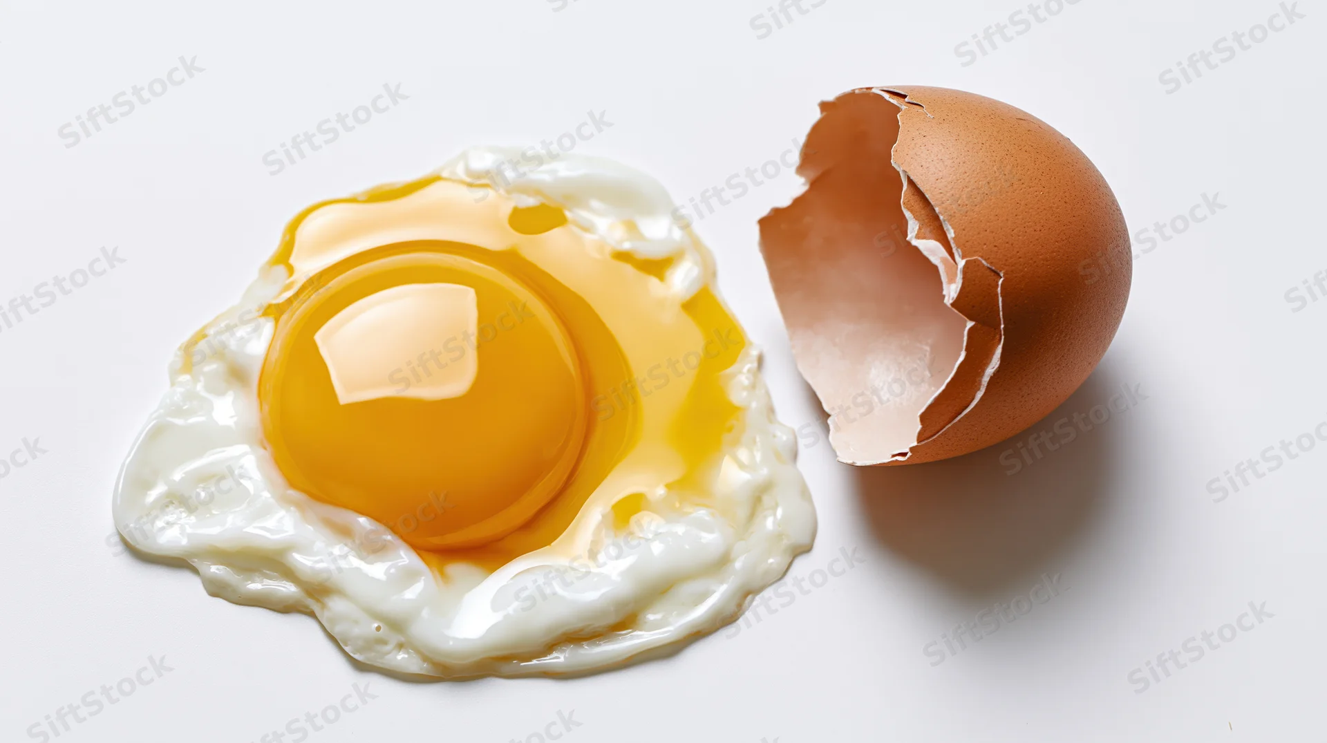 Fried egg with runny yolk and broken shell on white surface
