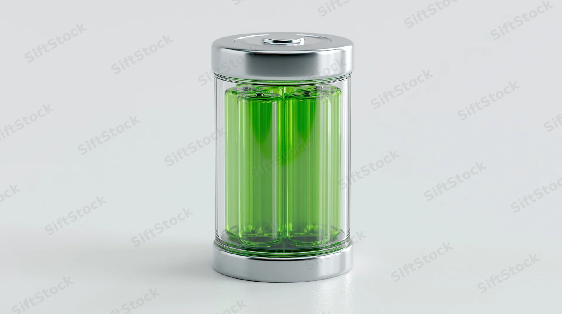 Transparent cylindrical battery model with green internal cells and metallic ends on white surface