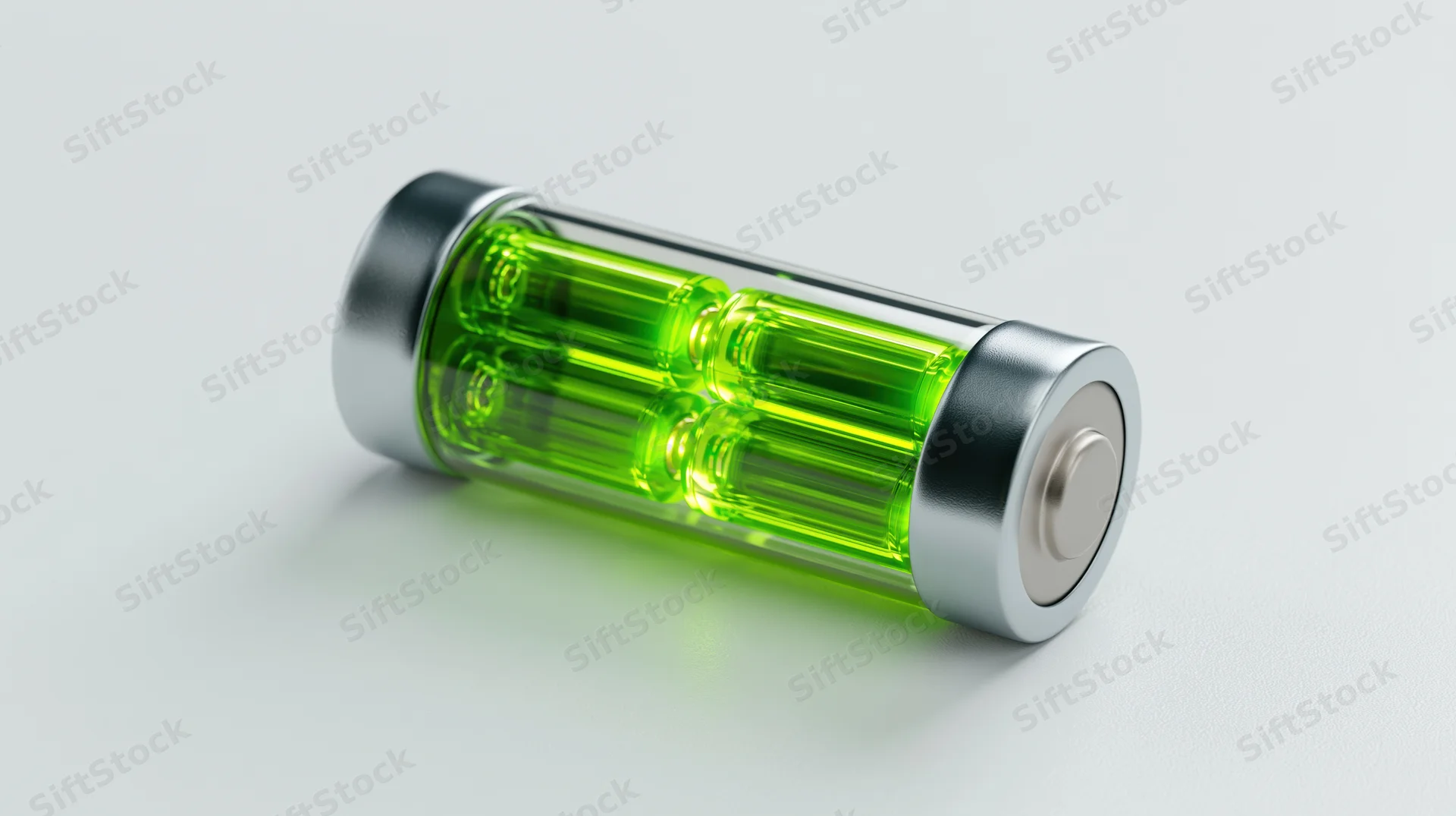 Transparent cylindrical battery model with green internal components on white surface