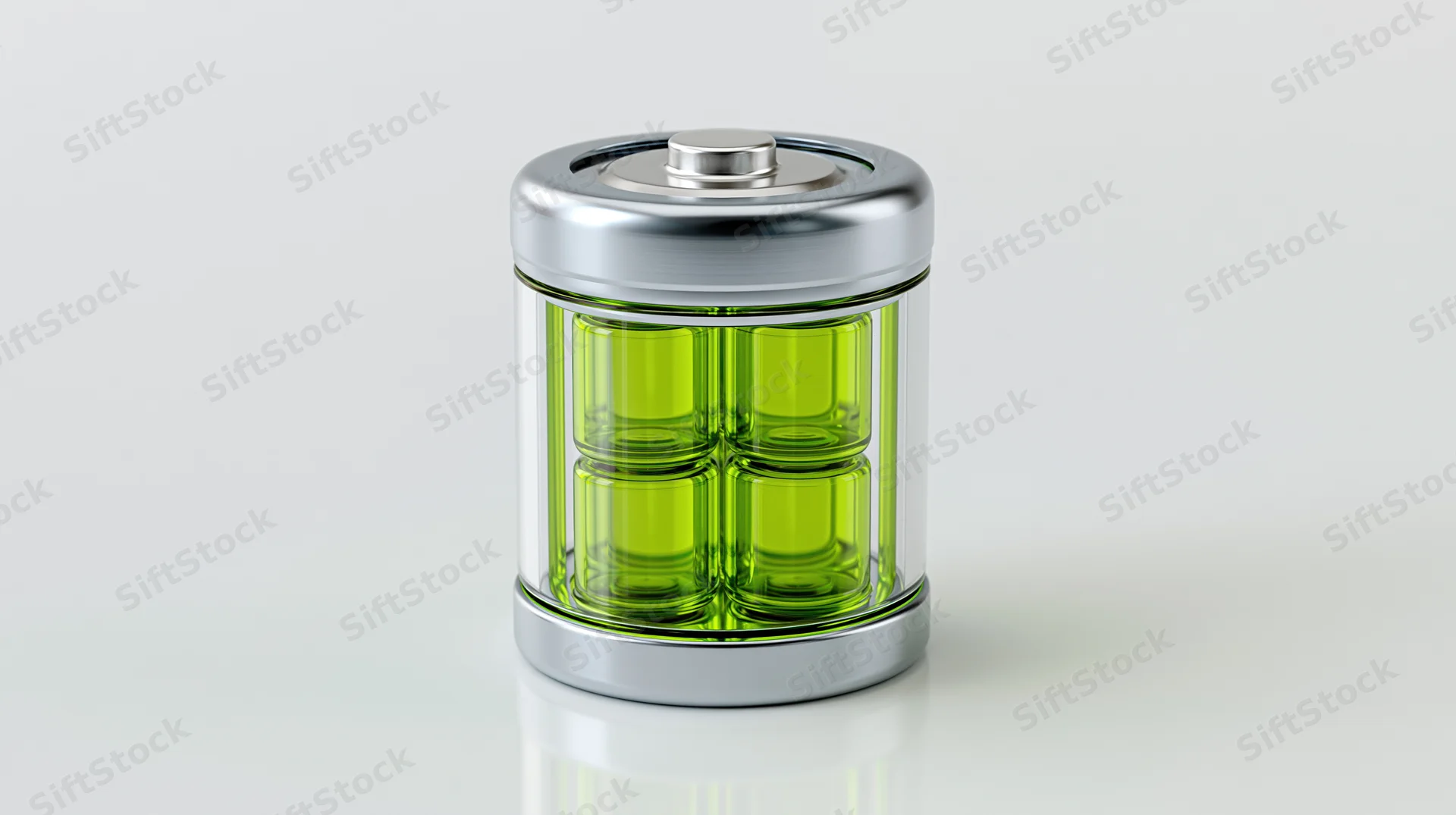 Transparent cylindrical battery model with green internal cells on white surface