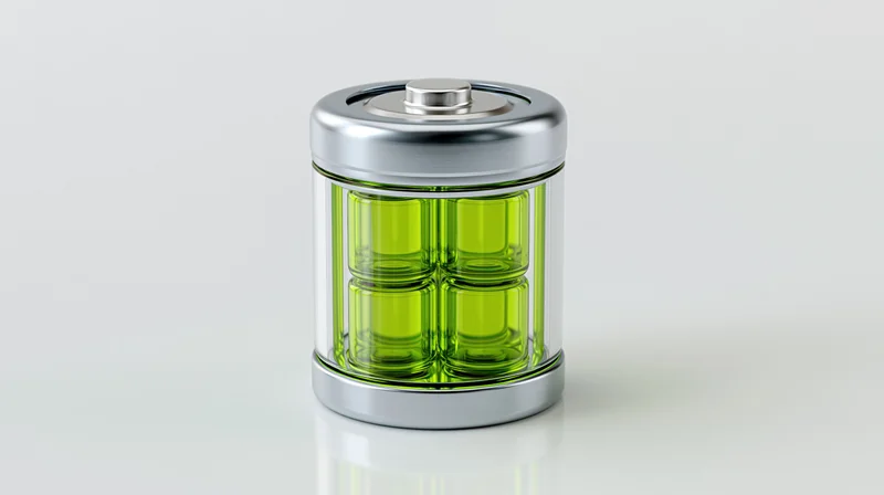 Transparent cylindrical battery model with green internal cells on white surface