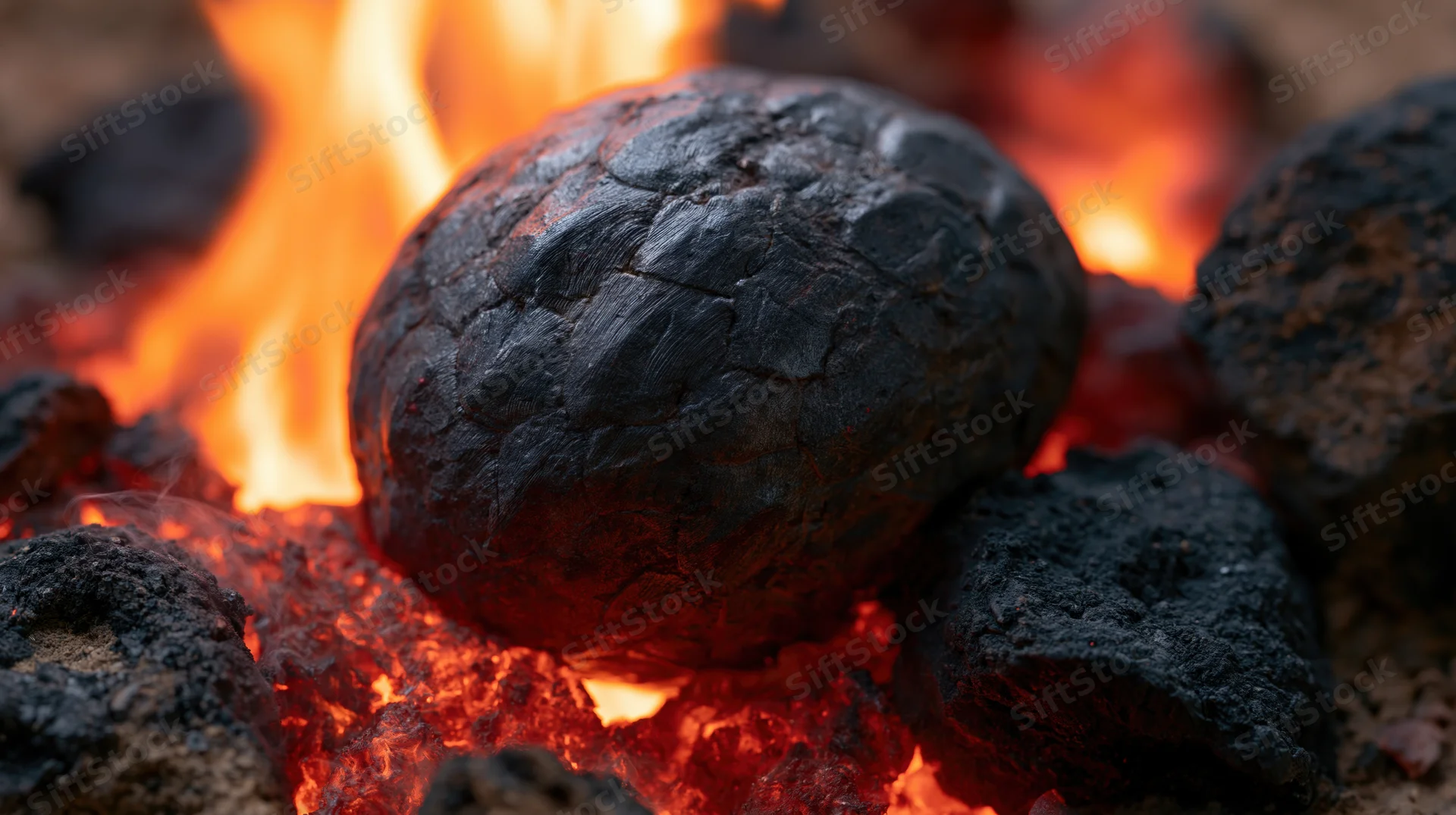 Dark scaled egg resting in a bed of glowing embers surrounded by flames