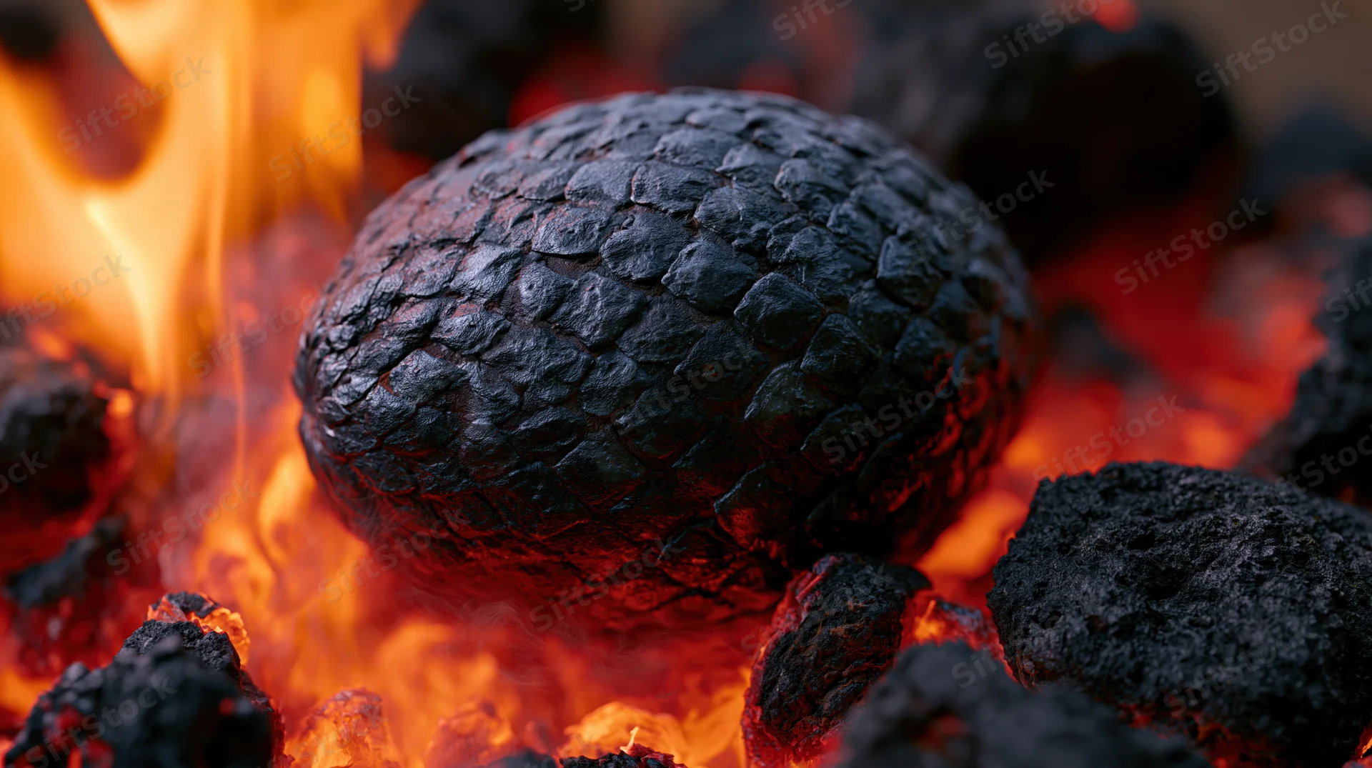 Dragon egg resting in a bed of glowing embers surrounded by flames