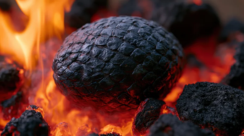Dragon egg resting in a bed of glowing embers surrounded by flames