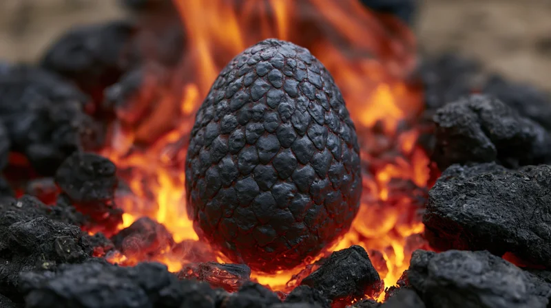Dark scaled egg resting in a bed of glowing coal and fire
