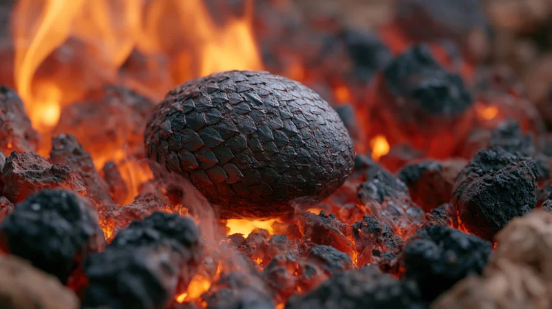 Dark metallic scaled egg resting in a bed of glowing hot embers