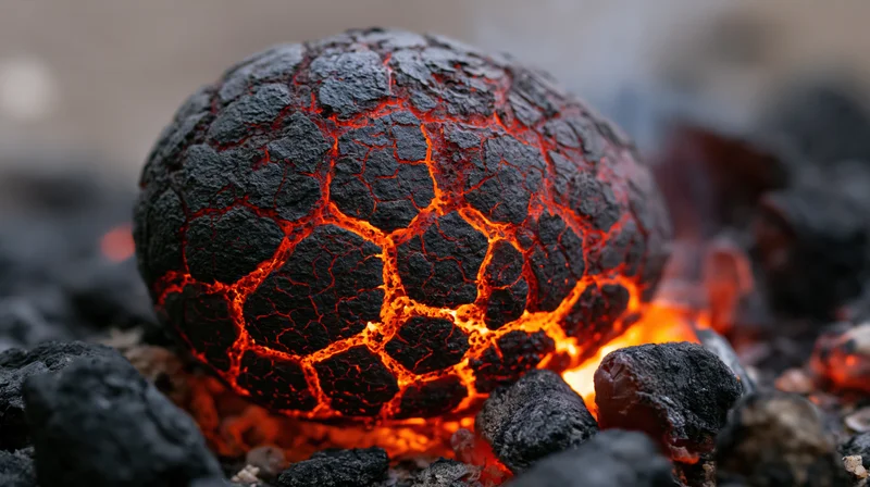 Glowing cracked egg-like rock resting on volcanic debris with molten light visible through fissures