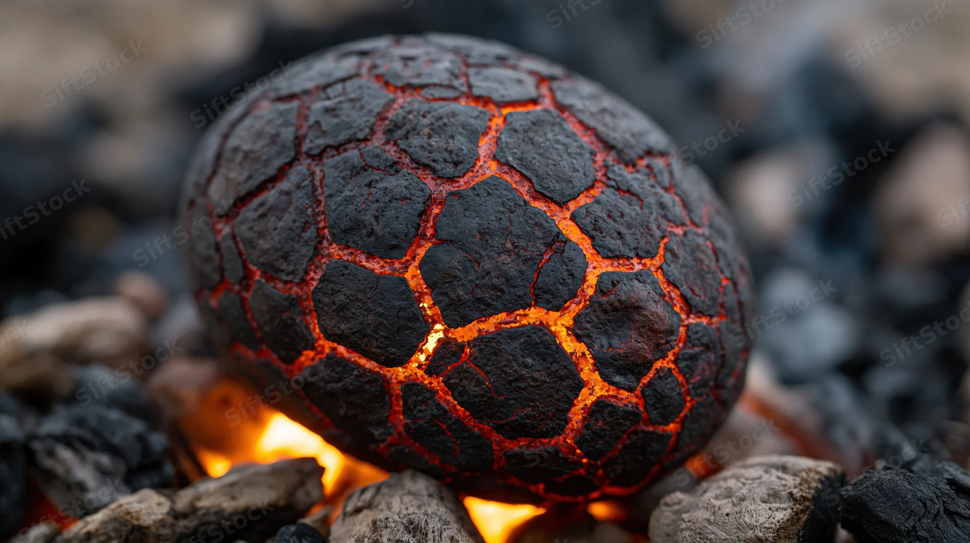 Cracked stone egg glowing with molten lava inside, resting on hot coals