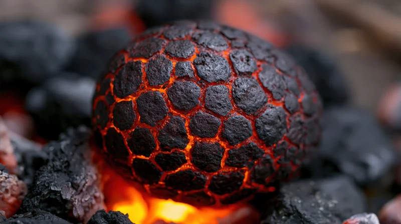 Cracked egg with glowing hexagonal pattern resting on burning coals