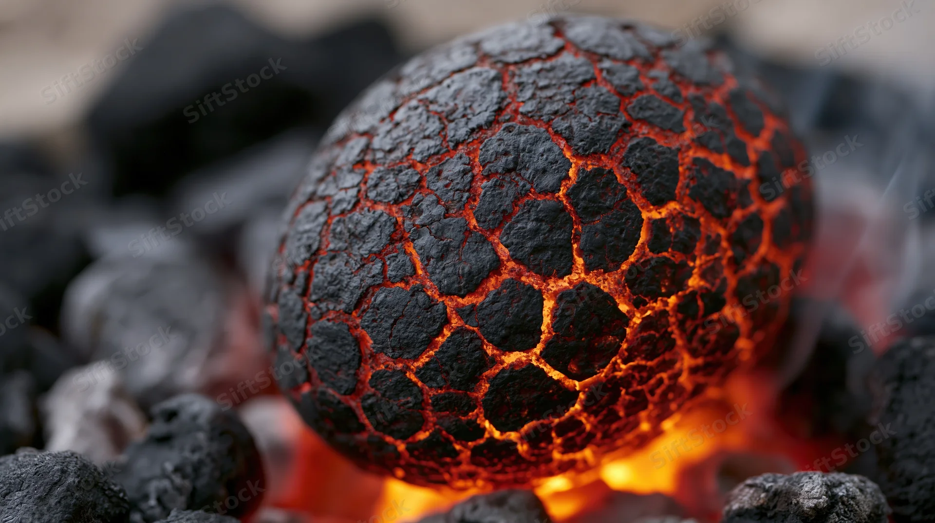 Glowing cracked egg resting on hot coals with molten light visible through fissures