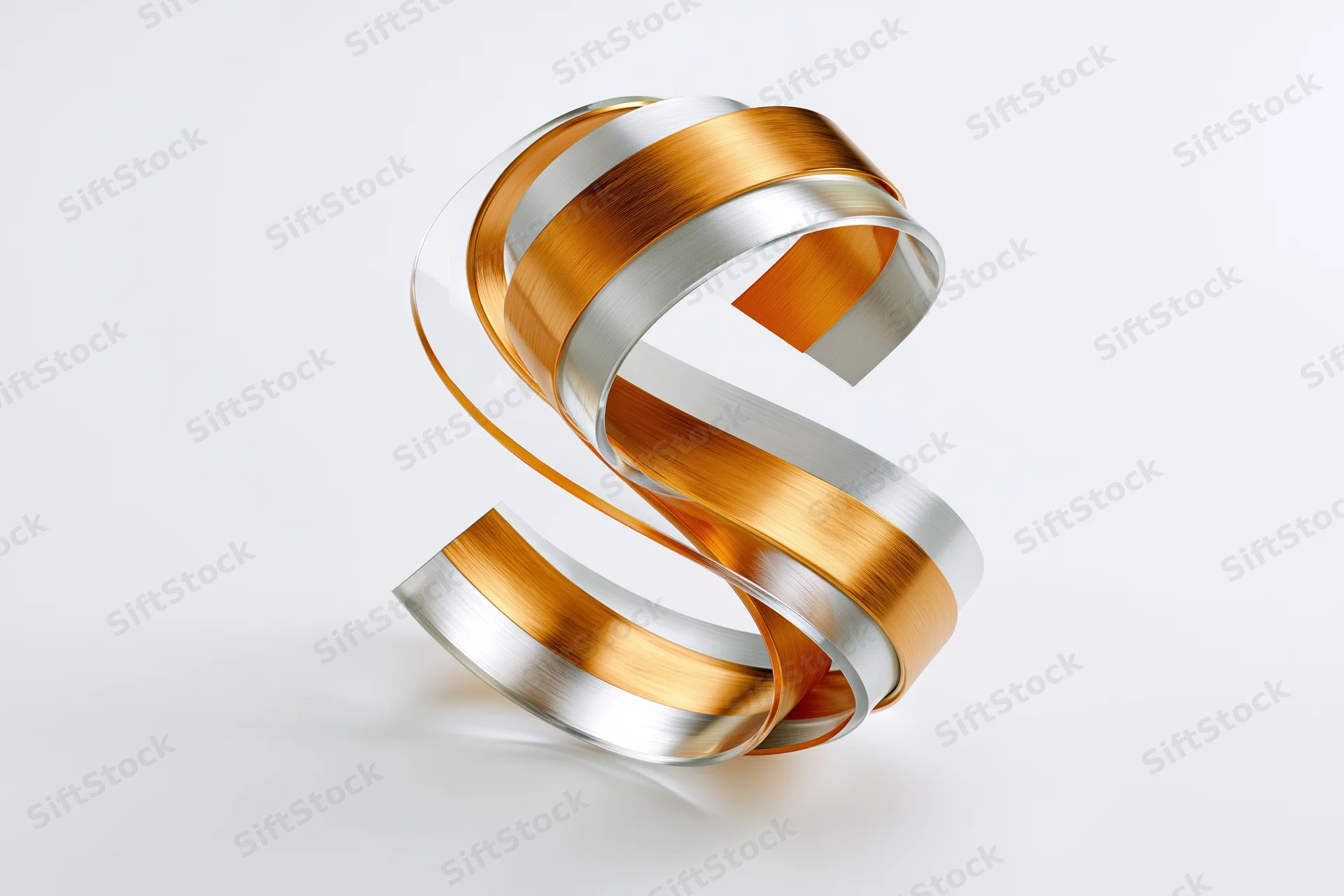Metallic 3d letter s sculpture with layered gold and silver ribbons on white background