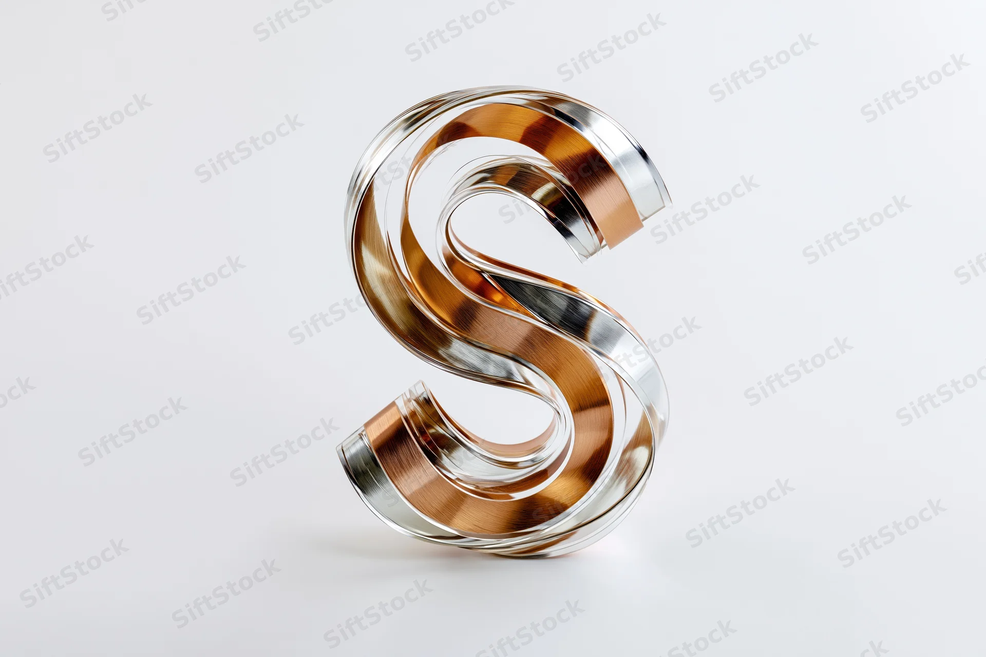 Metallic 3d letter s sculpture with layered copper and silver finish on white background