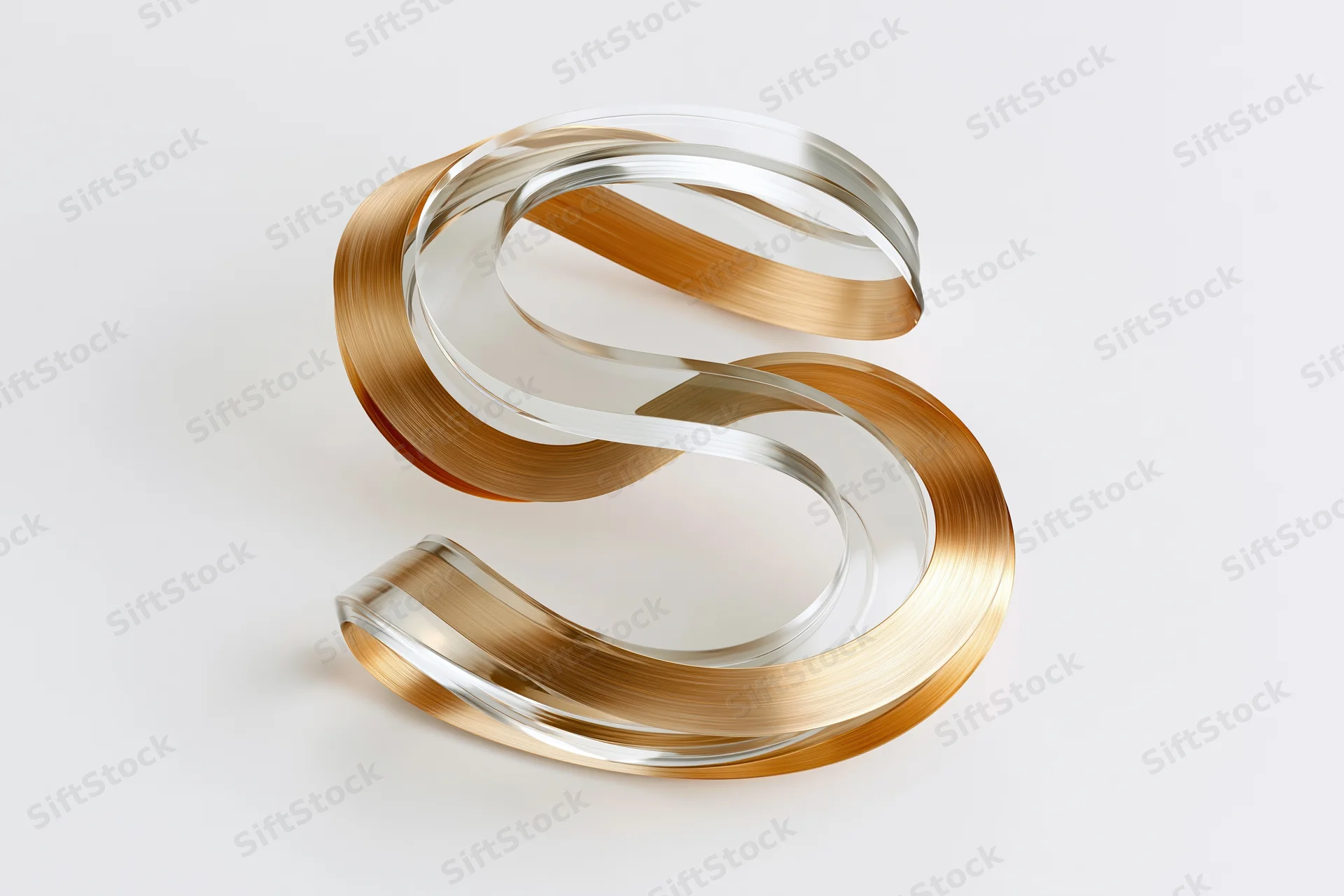 Metallic 3d letter s sculpture with layered gold and silver surfaces on white background