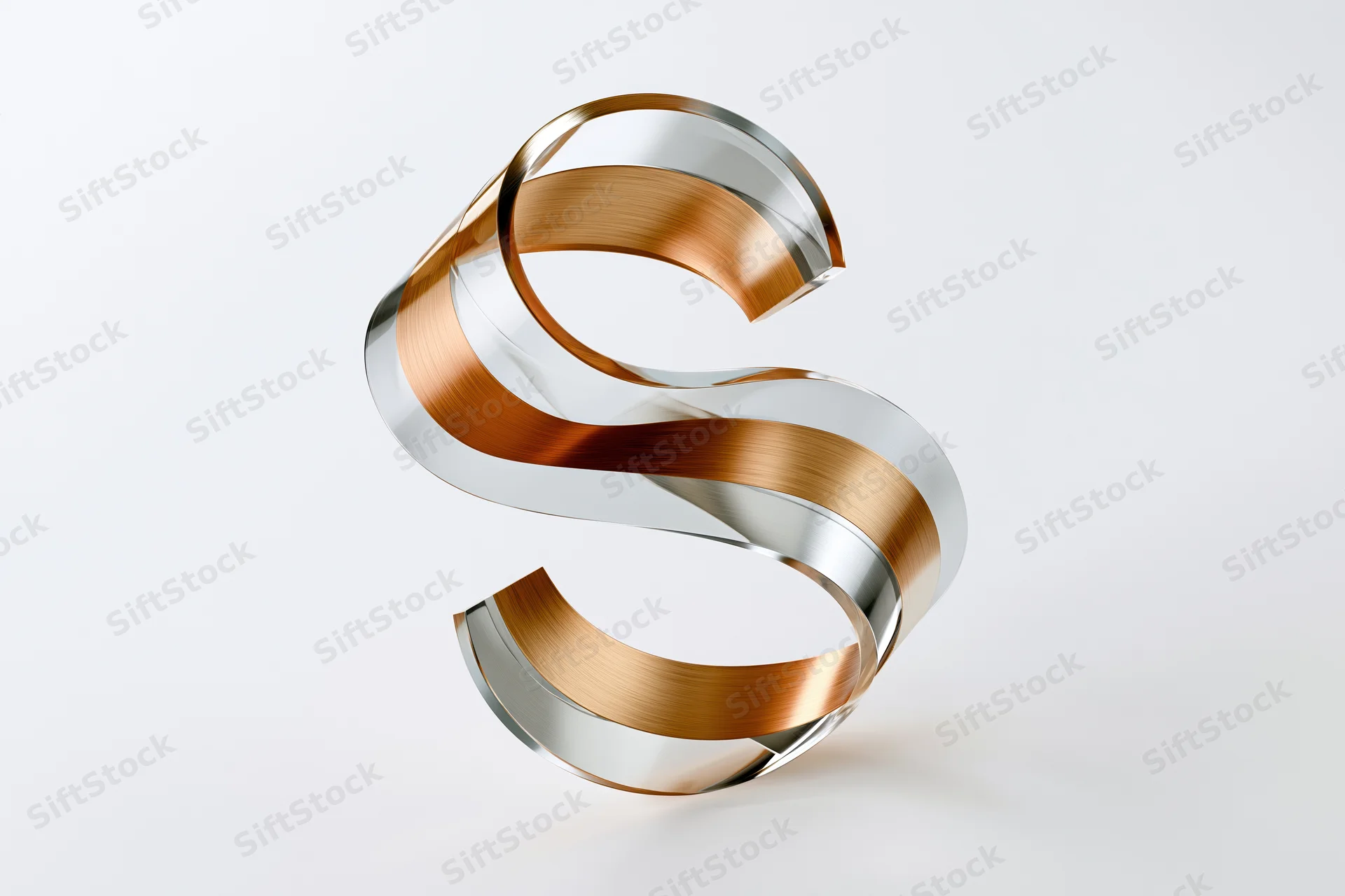 Metallic 3d letter s sculpture with brushed copper and silver layers on white background
