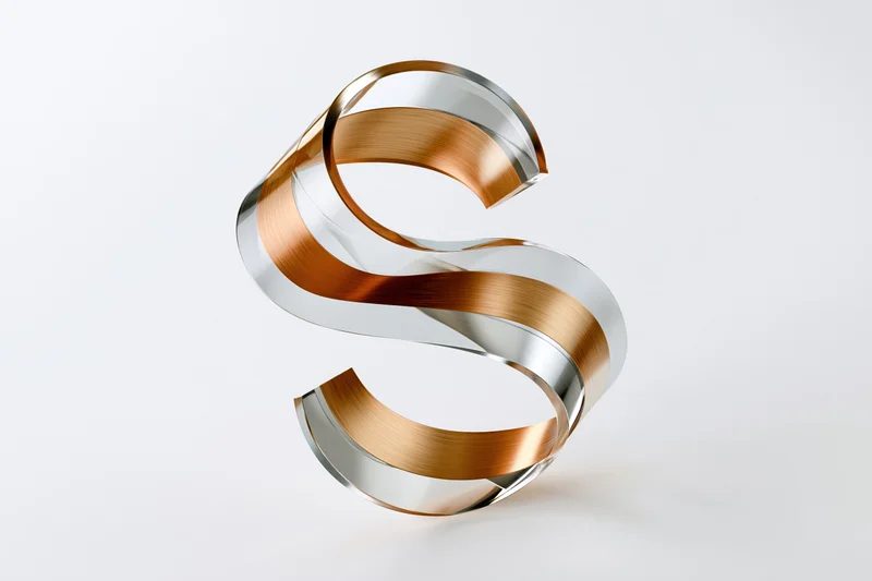 Metallic 3d letter s sculpture with brushed copper and silver layers on white background