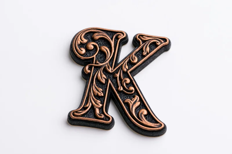 Ornate three-dimensional letter k with floral patterns on white background