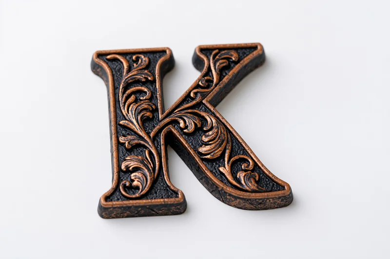 Ornate three-dimensional letter k with floral patterns on white background