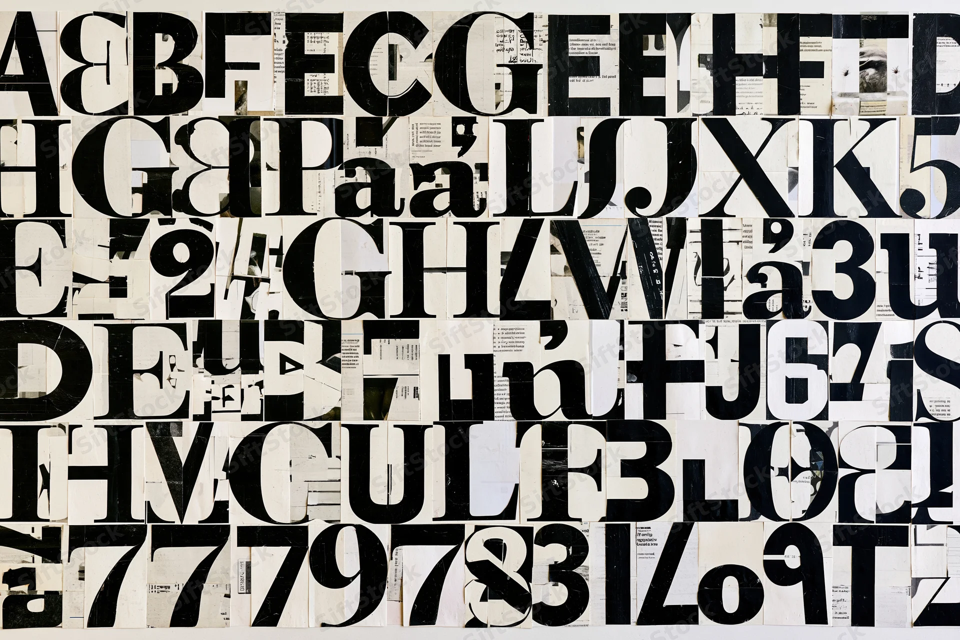 Dense collage of black cutout letters and numbers arranged in grid on white background