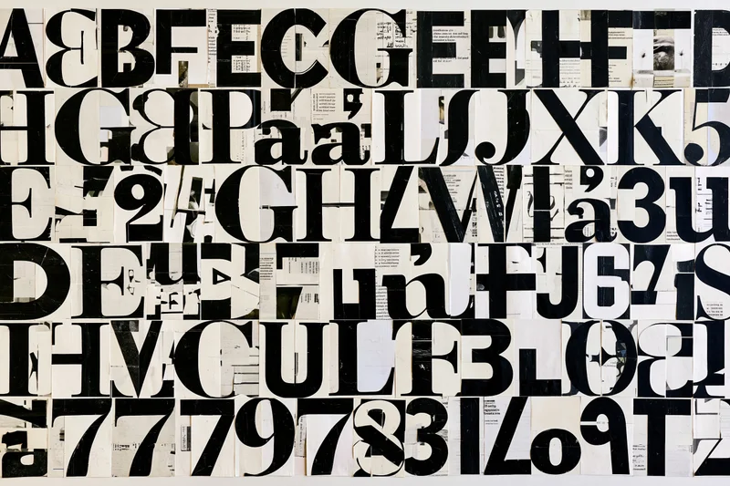 Dense collage of black cutout letters and numbers arranged in grid on white background