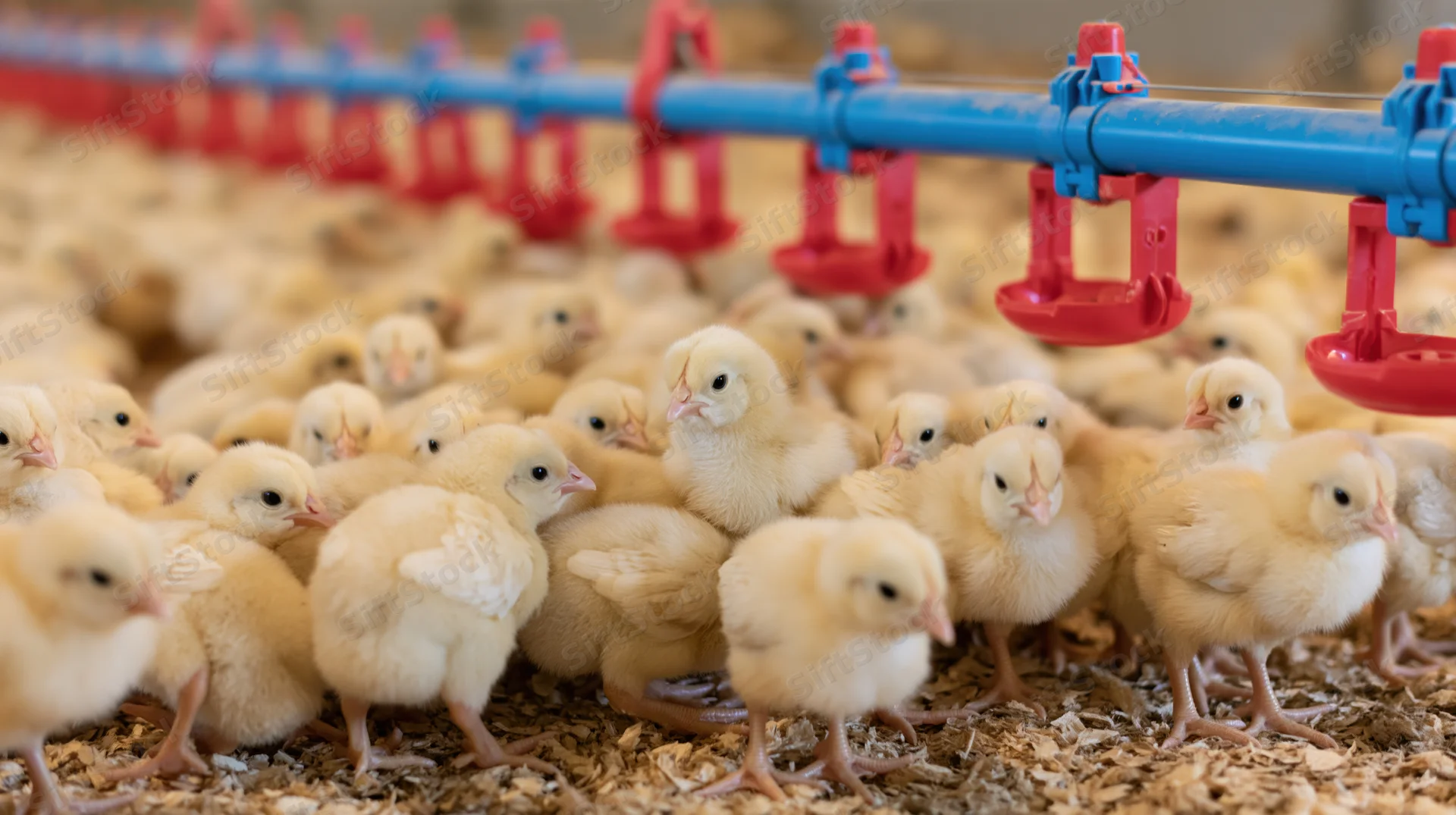 Newborn yellow chicks crowding around an automated blue and red nipple drinker system in a barn