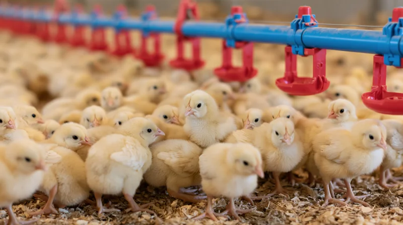 Newborn yellow chicks crowding around an automated blue and red nipple drinker system in a barn