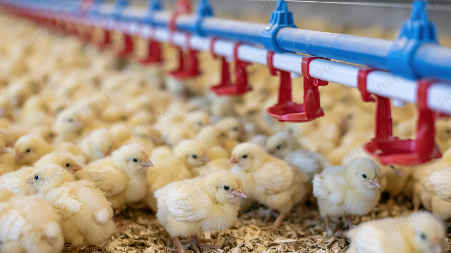 Newborn yellow chicks gathered around an automated blue and red nipple watering system in a farm barn