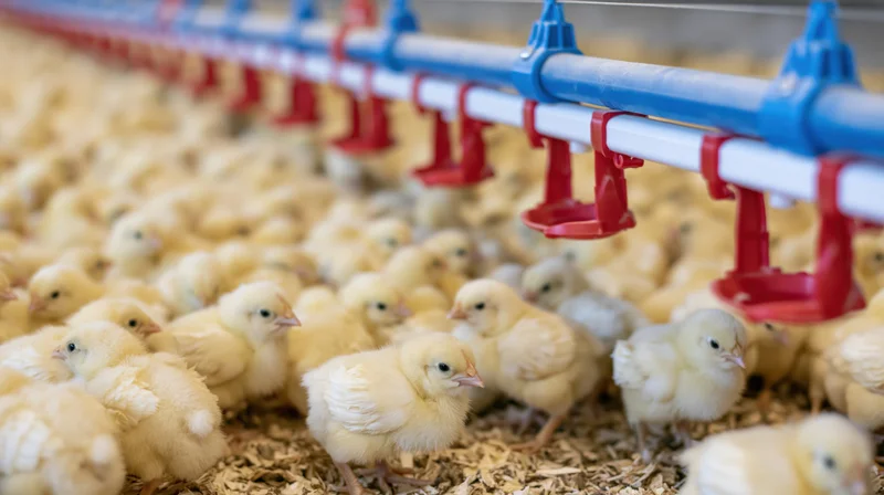 Newborn yellow chicks gathered around an automated blue and red nipple watering system in a farm barn