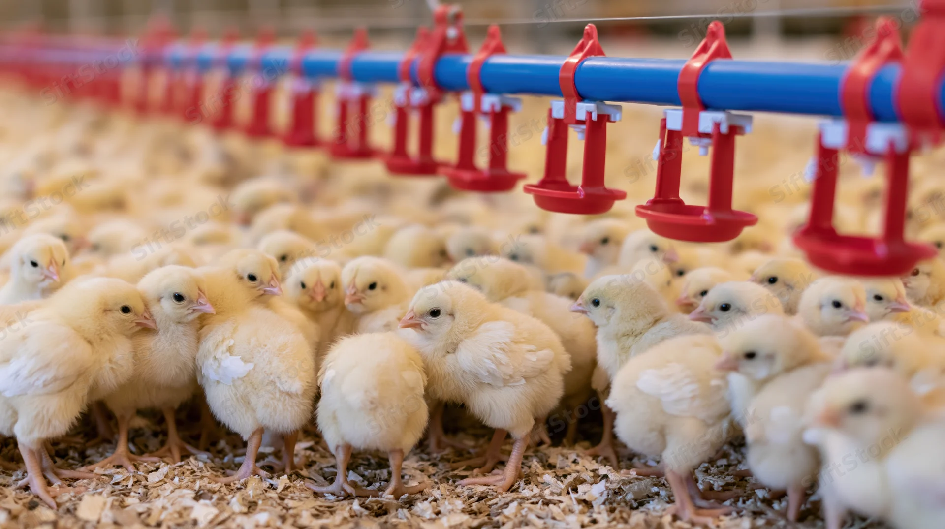 Newborn yellow chicks gathered under a blue and red water nipple drinker in a farm hatchery setting