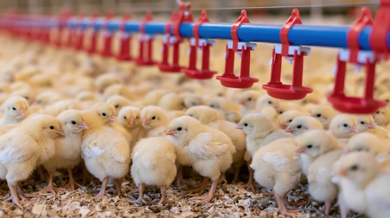 Newborn yellow chicks gathered under a blue and red water nipple drinker in a farm hatchery setting